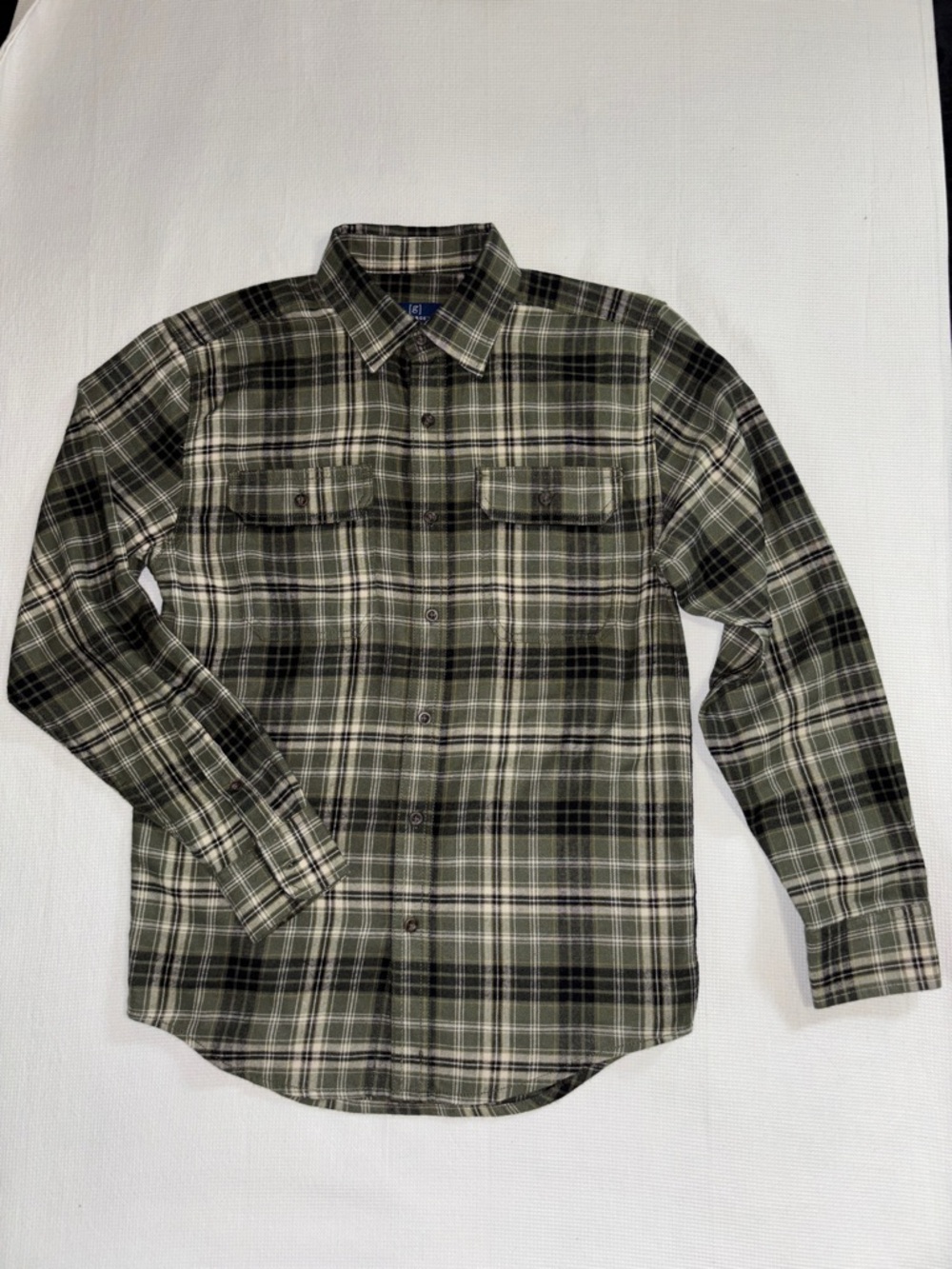 Men’s Sz XS George Olive Green and Cream Plaid Button-Down Shirt